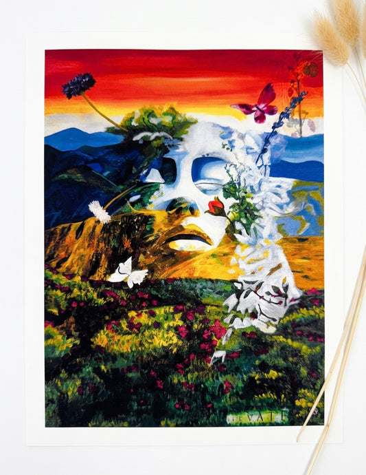 A print of a face elevating from a landscape with flowers. Blue  orange yellow and white