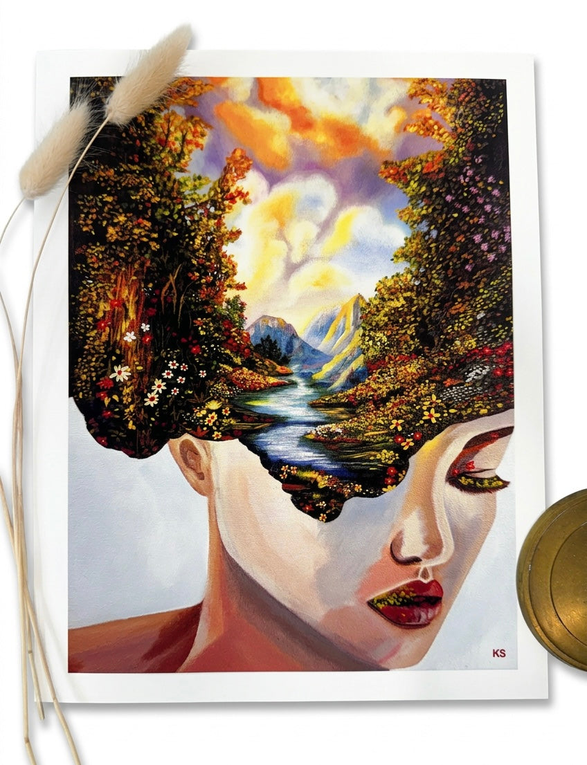 A print of a woman with a thought bubble filled with a lush landscape.