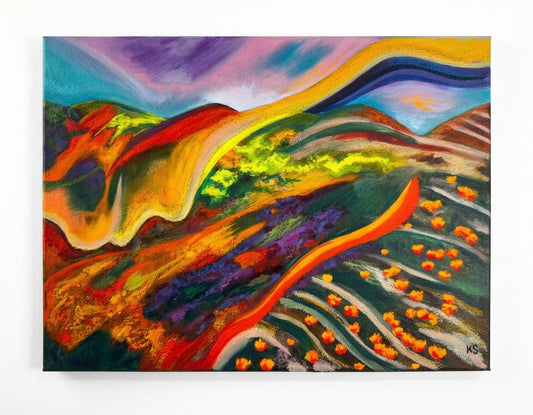 A picture of an abstract landscape. Mostly green and orange.