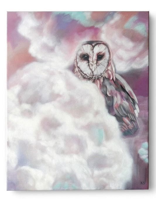 A painting of an own with fluffy pink and turquoise clouds