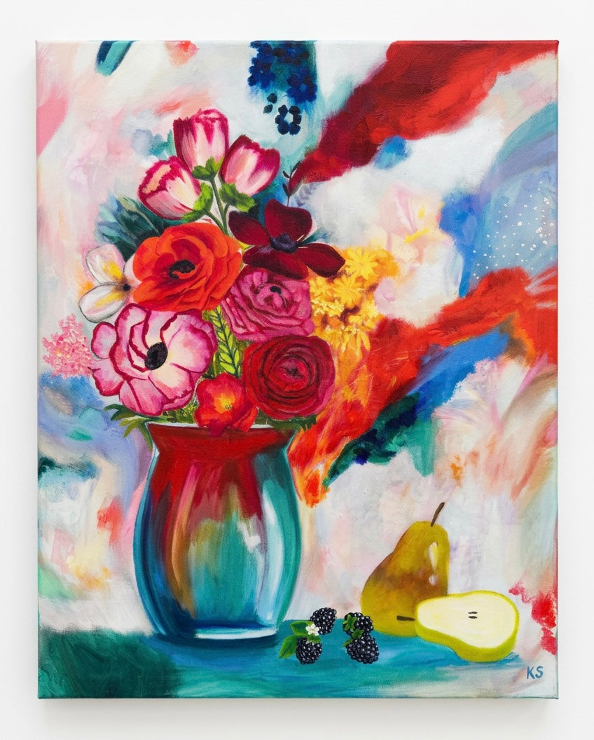 A painting of a vase of flowers. Colourful with abstract swatches of paint. Orange and turquoise