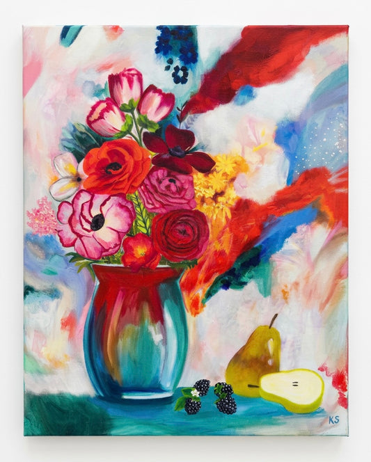 A painting of a vase of flowers. Colourful with abstract swatches of paint. Orange and turquoise