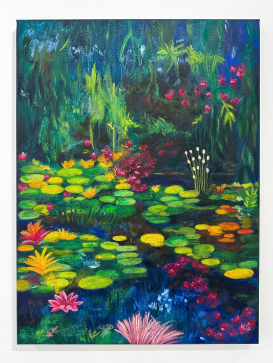 A painting featuring a pond with Lily pads, with blue, yellow, greens, orange and pinks