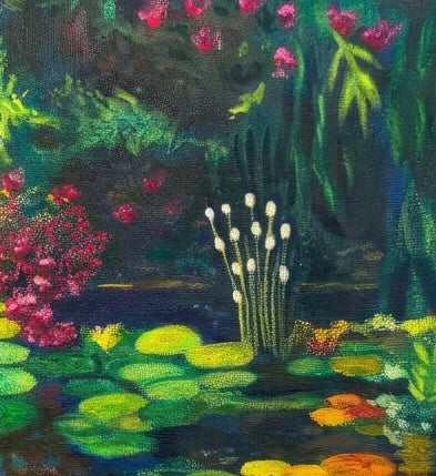 A close up of a pond with Lily pads and plants. Colourful
