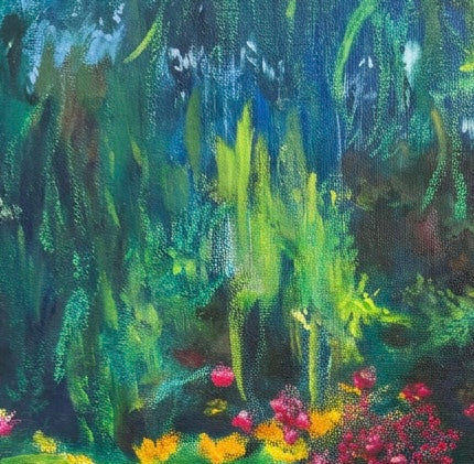 A close up of the detail of a swampy pond, colourful. Blues and greens and pinks