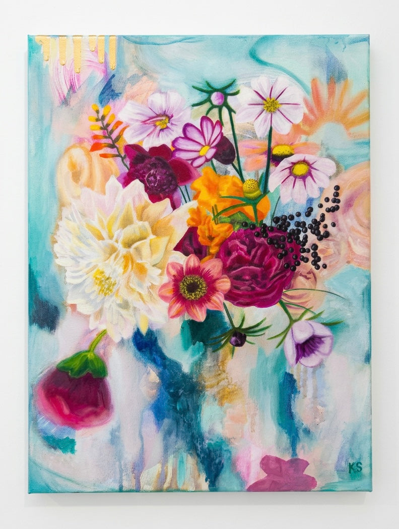 A painting of a floral arrangement against a turquoise background with gold drips