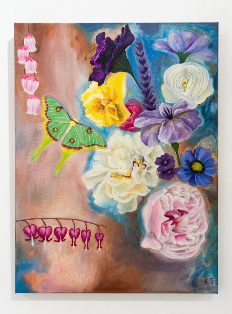 A painting featuring a moth and flowers against a neutral abstract background.