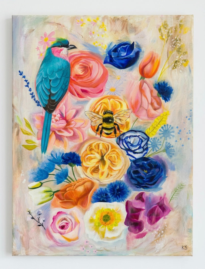 A painting of a bouquet of flowers with a bee and a bird. Mostly yellow and blue