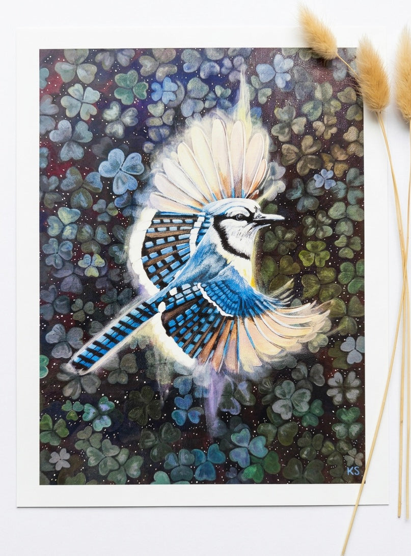 A print of a blue jay against a background of clovers and stars