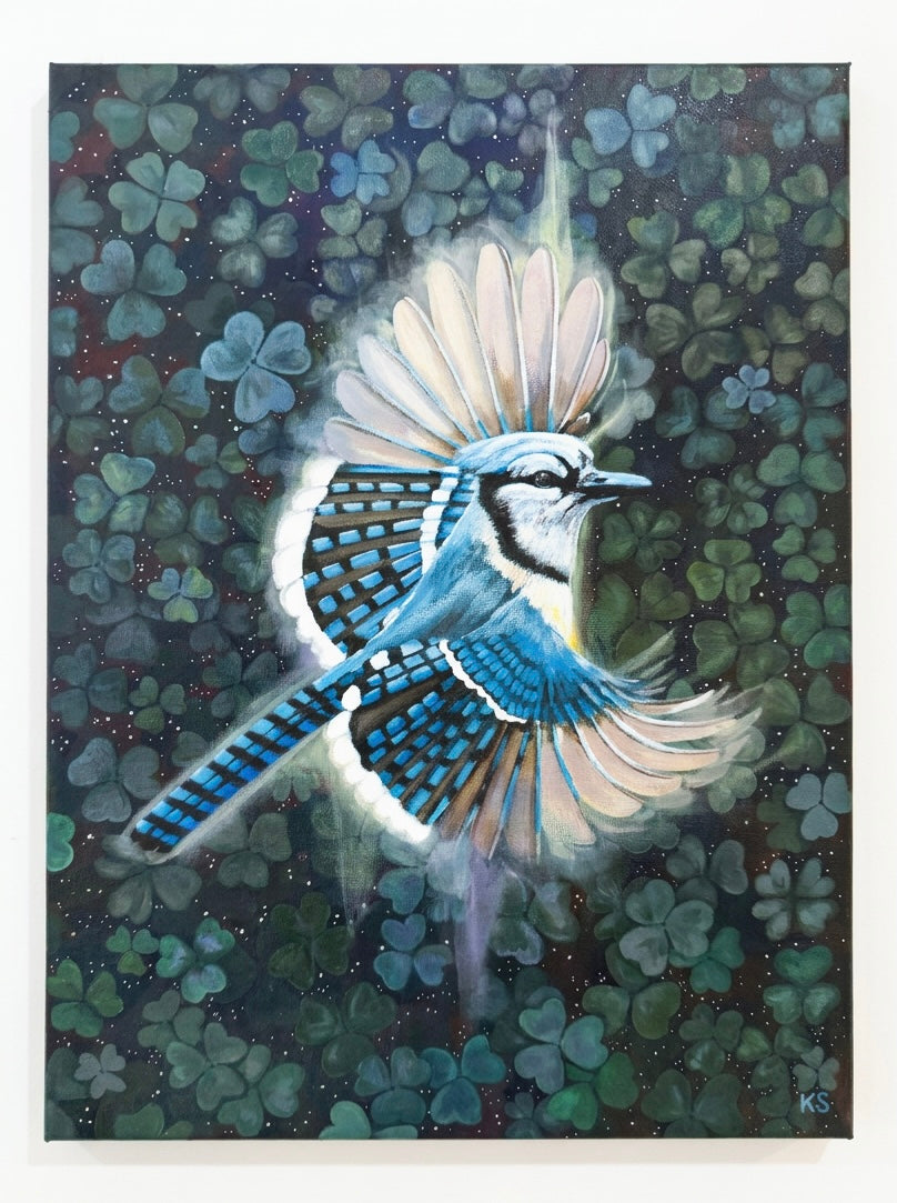 A painting of a blue jay in mid flight against a wall of clovers and stars