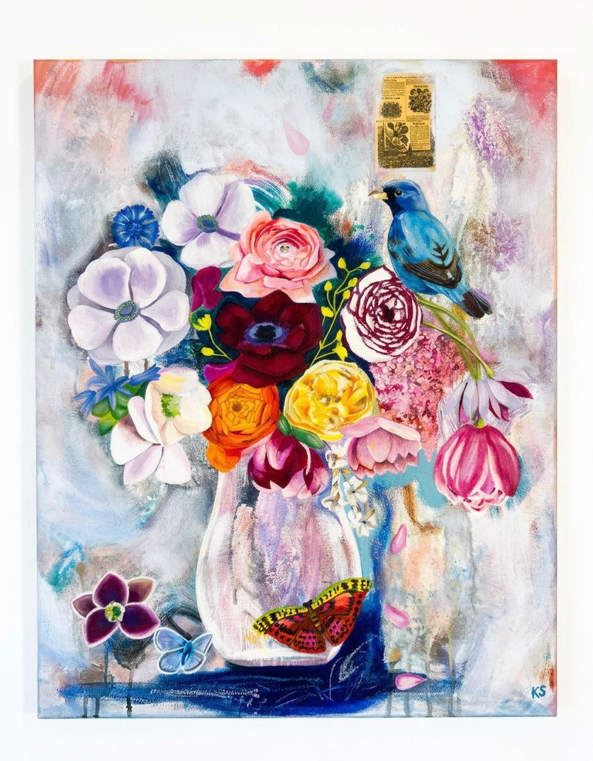 A painting of a vase of flowers, a bird an a moth. Colourful
