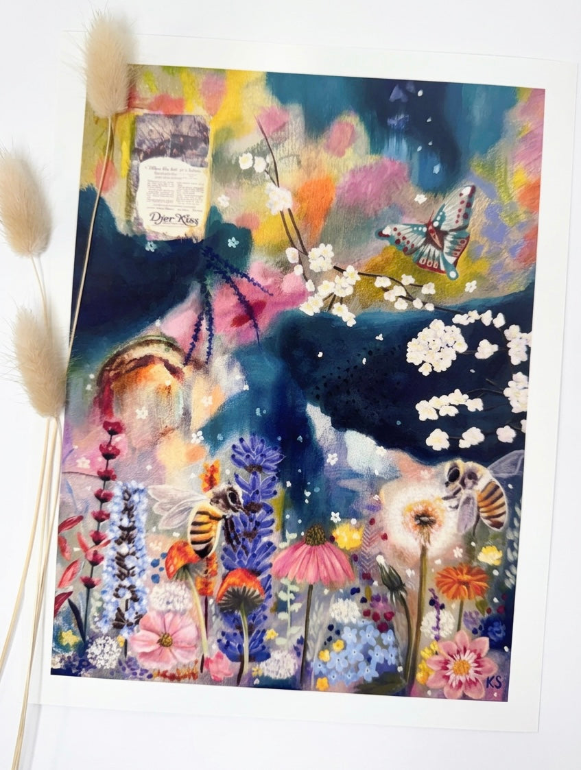 An art print of bees and flowers. Abstract realism