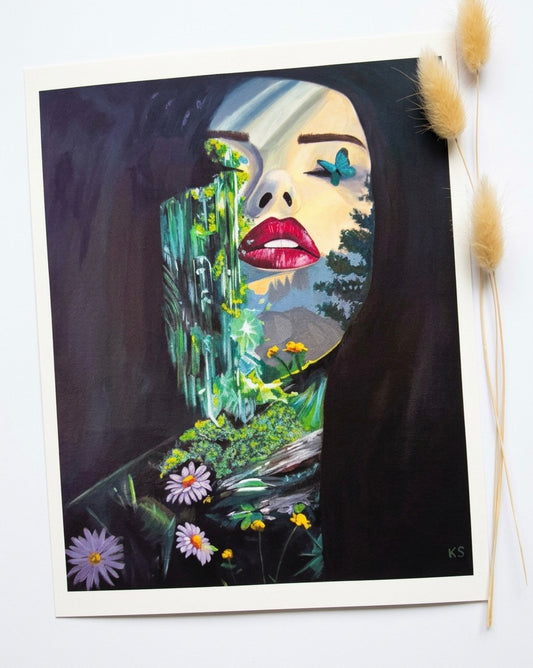A print of a woman with daisy flowers and emeralds