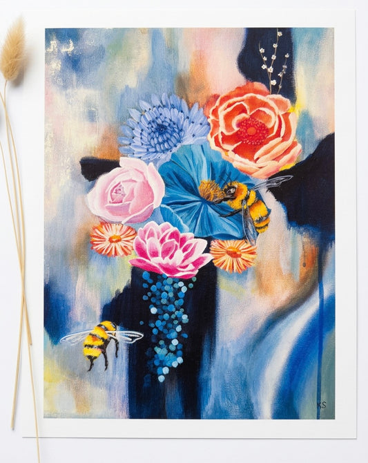 A print of a flower arrangement with bees