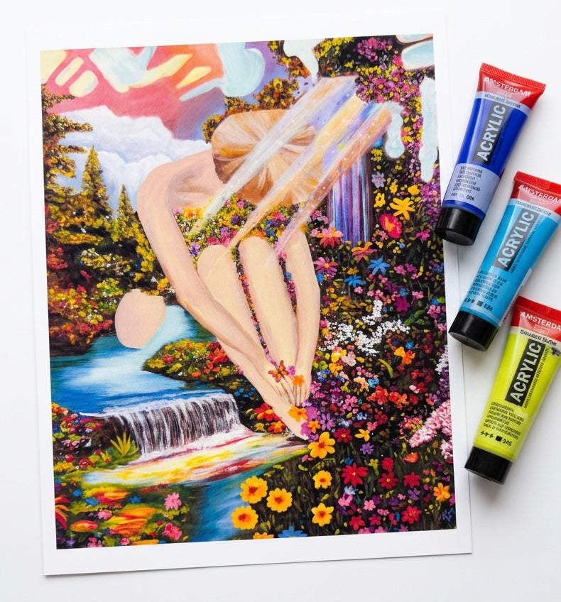 A print of a woman surrounded by a landscape filled with flowers and beams of light