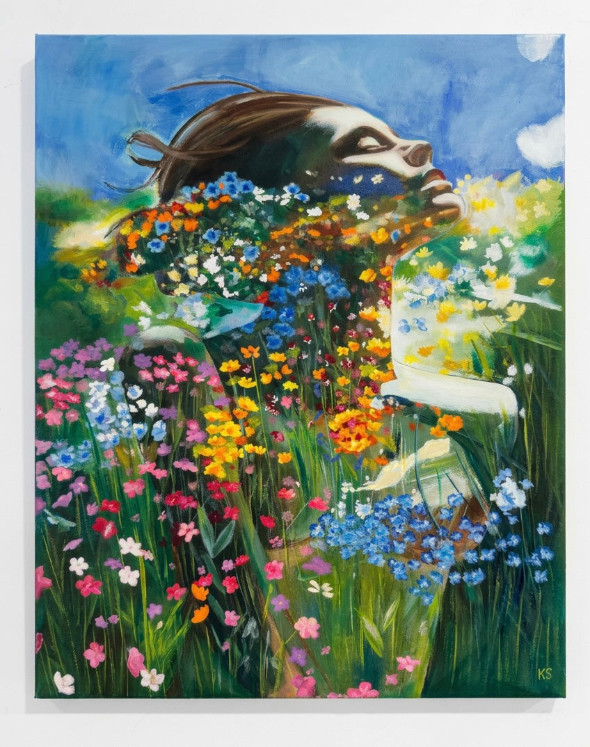 A painting of a woman in a field of flowers that is mostly blue, green orange and yellow