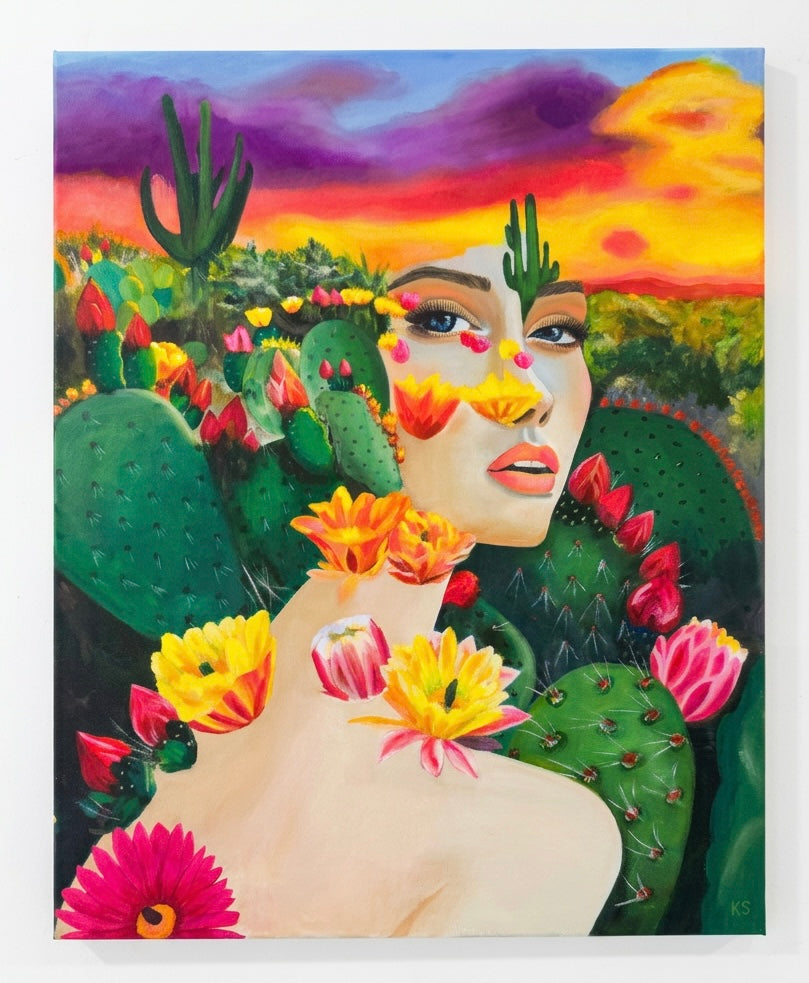 A painting of a woman surrounded by colourful cactus and a desert sky.