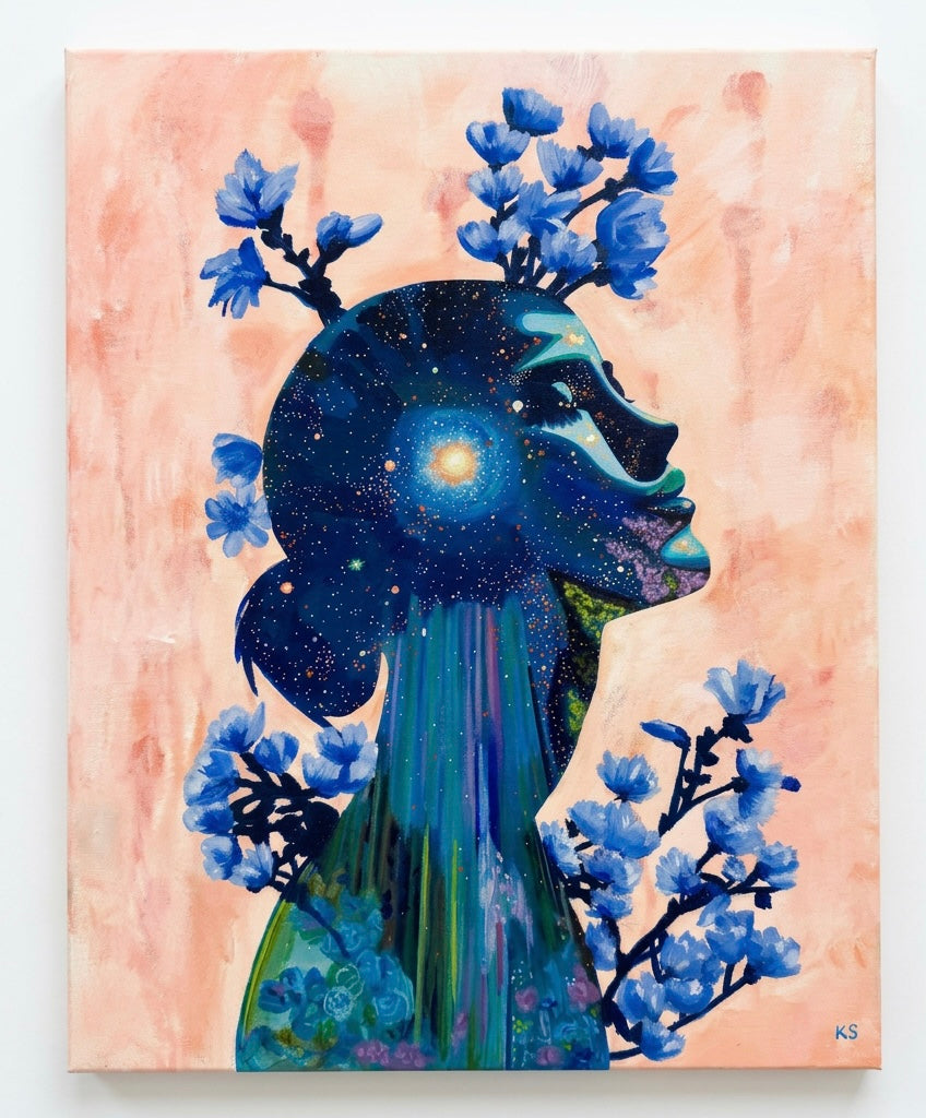 A painting with a woman filled with a galaxy surrounded by an orange glow.