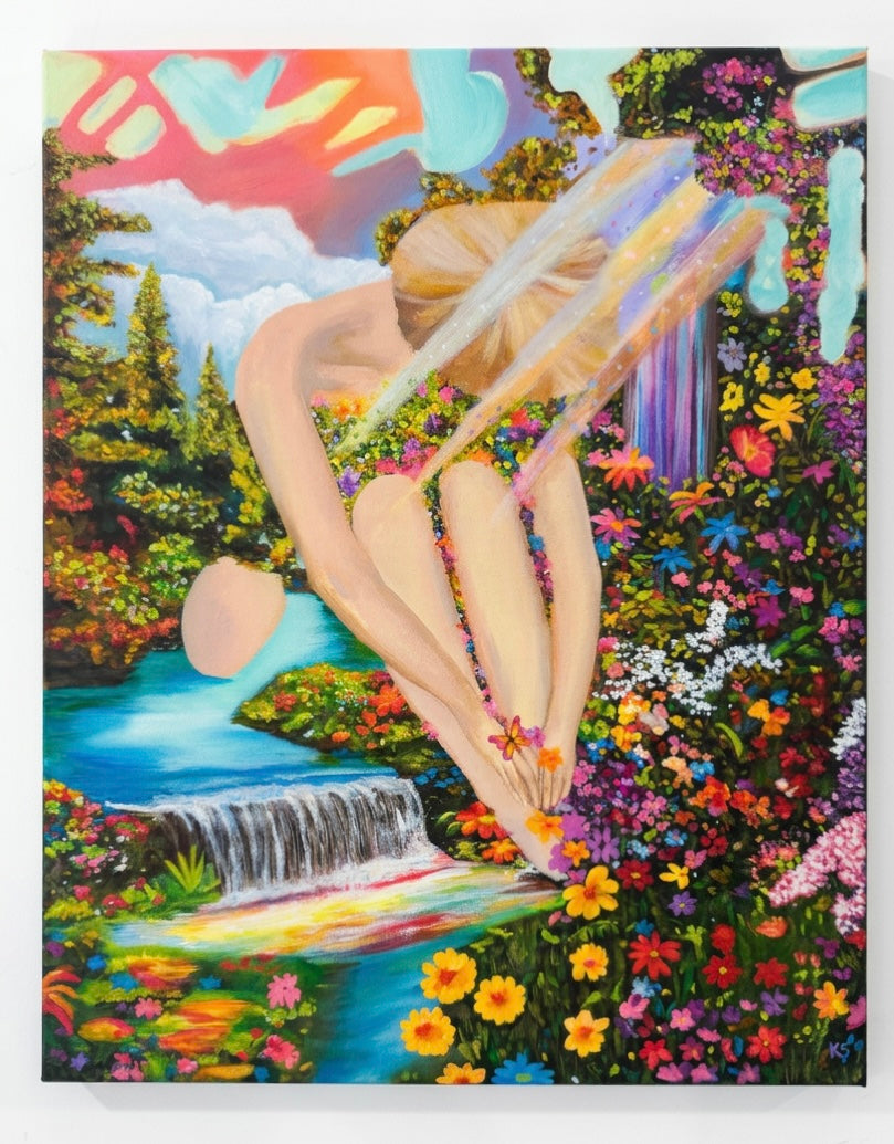 A painting of a woman merged with a landscape with flowers and breams of light