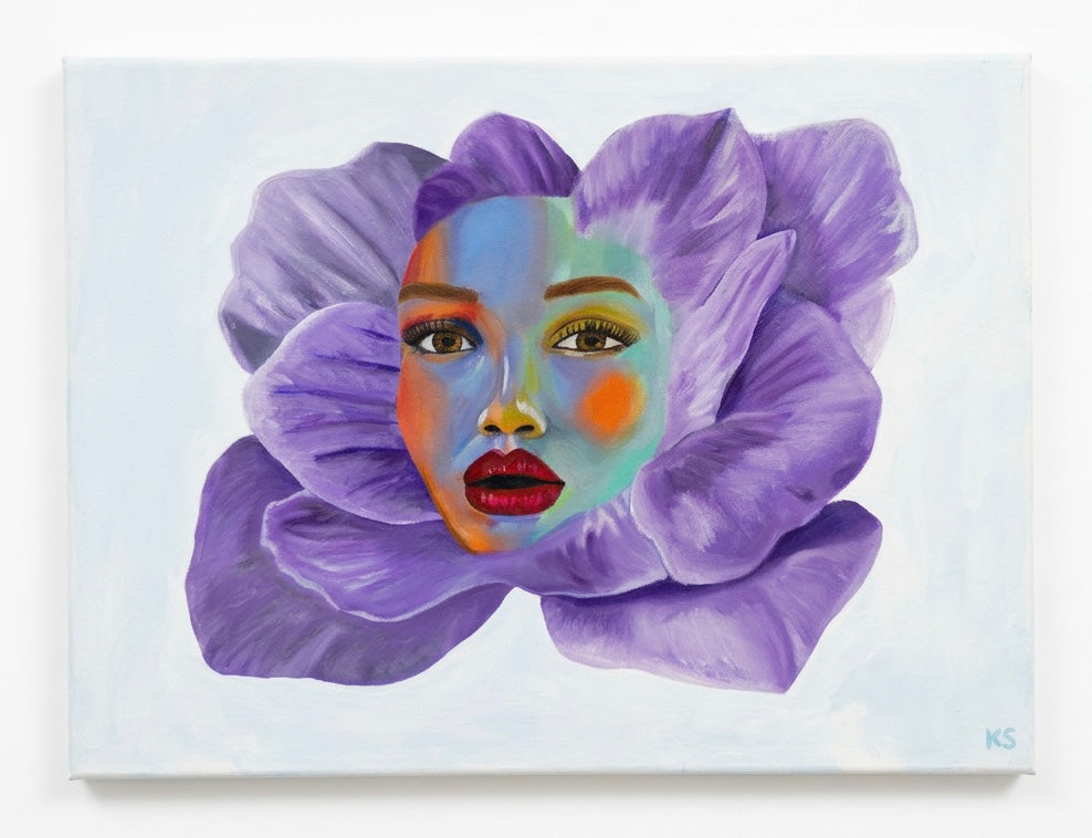A portrait of a woman’s face merged into purple flower with a light blue background