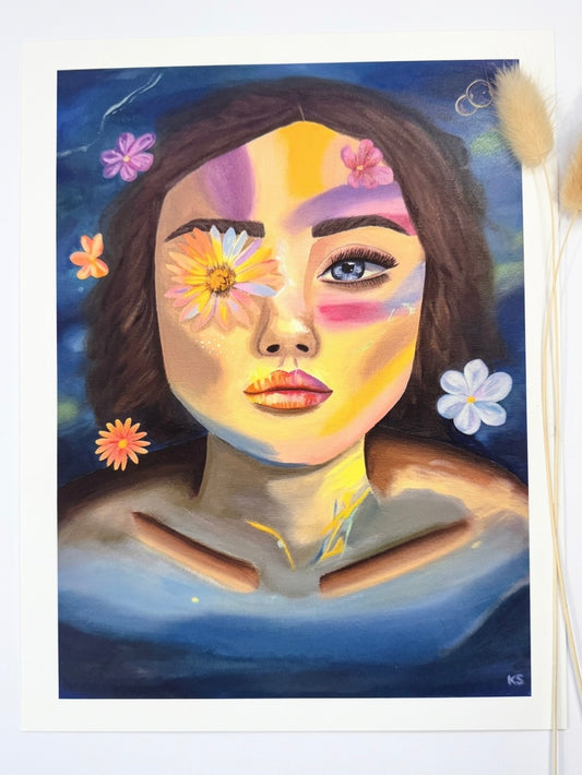 A print of a woman partially under water with flowers