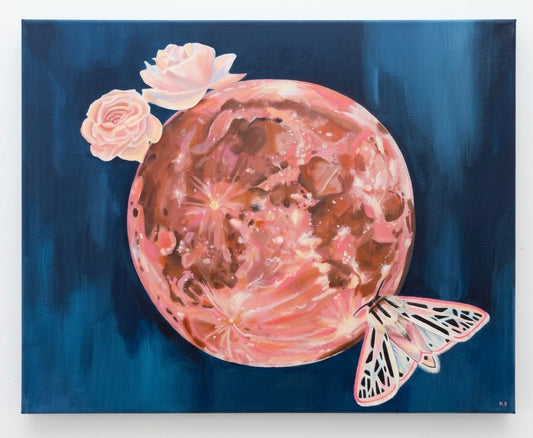 A painting of a rose quartz pink moon, blush roses and a rose coloured moth