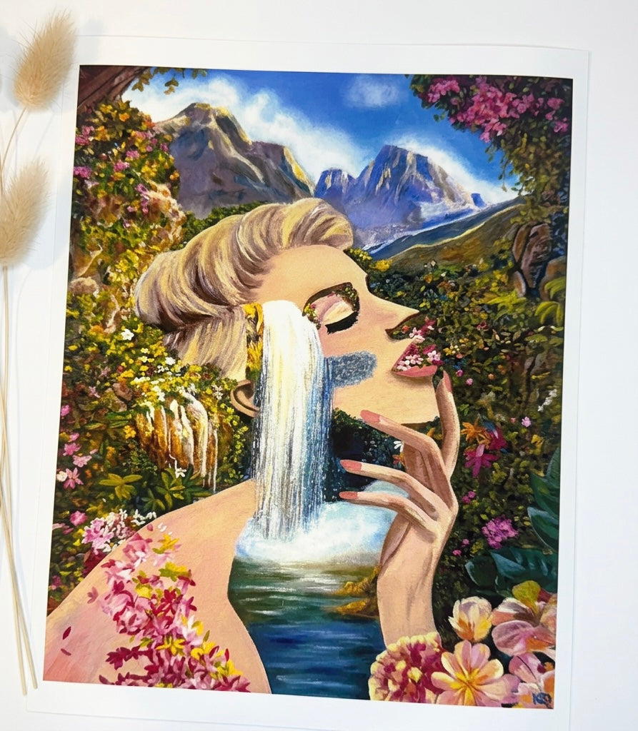 A print of a woman with a waterfall and a landscape