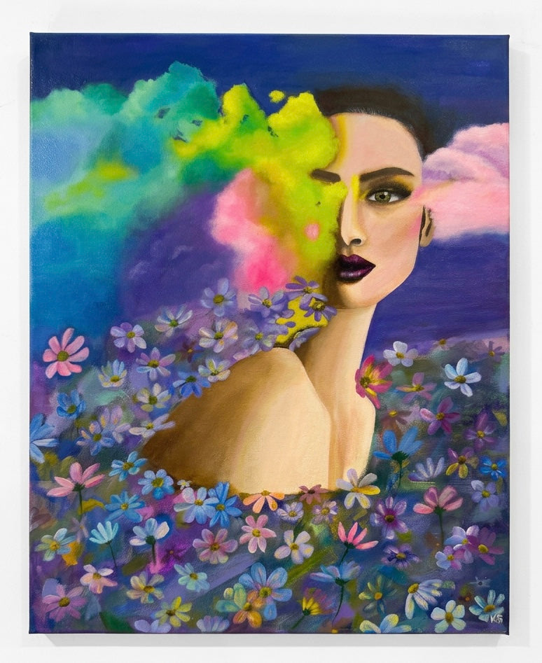 A painting of a woman with colourful clouds, and colourful flowers. Mostly purple