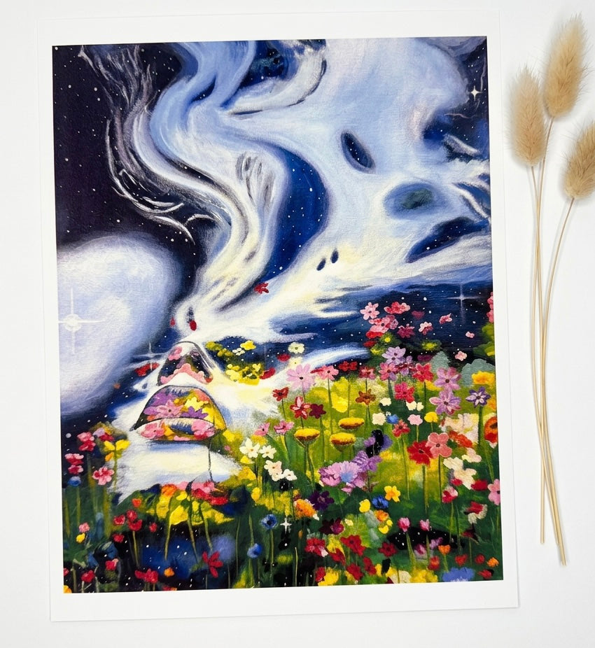 A print of a face made of smoke merged with flowers and stars