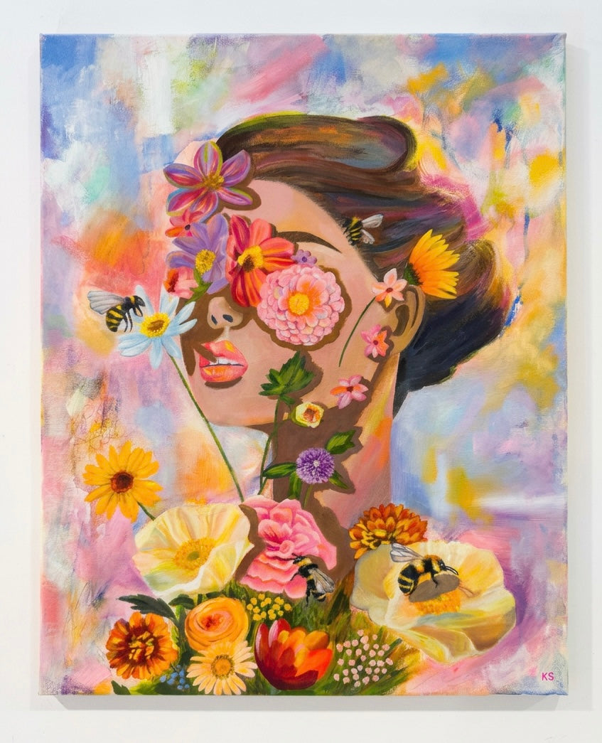 A painting of a woman surrounded by flowers and bees. Mostly pink and yellow
