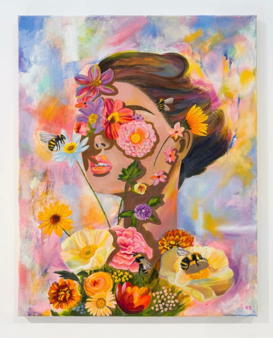A painting of a woman surrounded by flowers and bees. Mostly pink and yellow