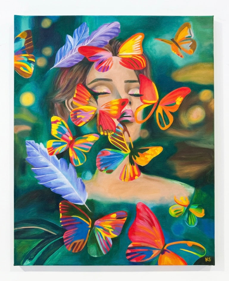 A painting of a woman surrounded by colourful butterflies. Mostly green