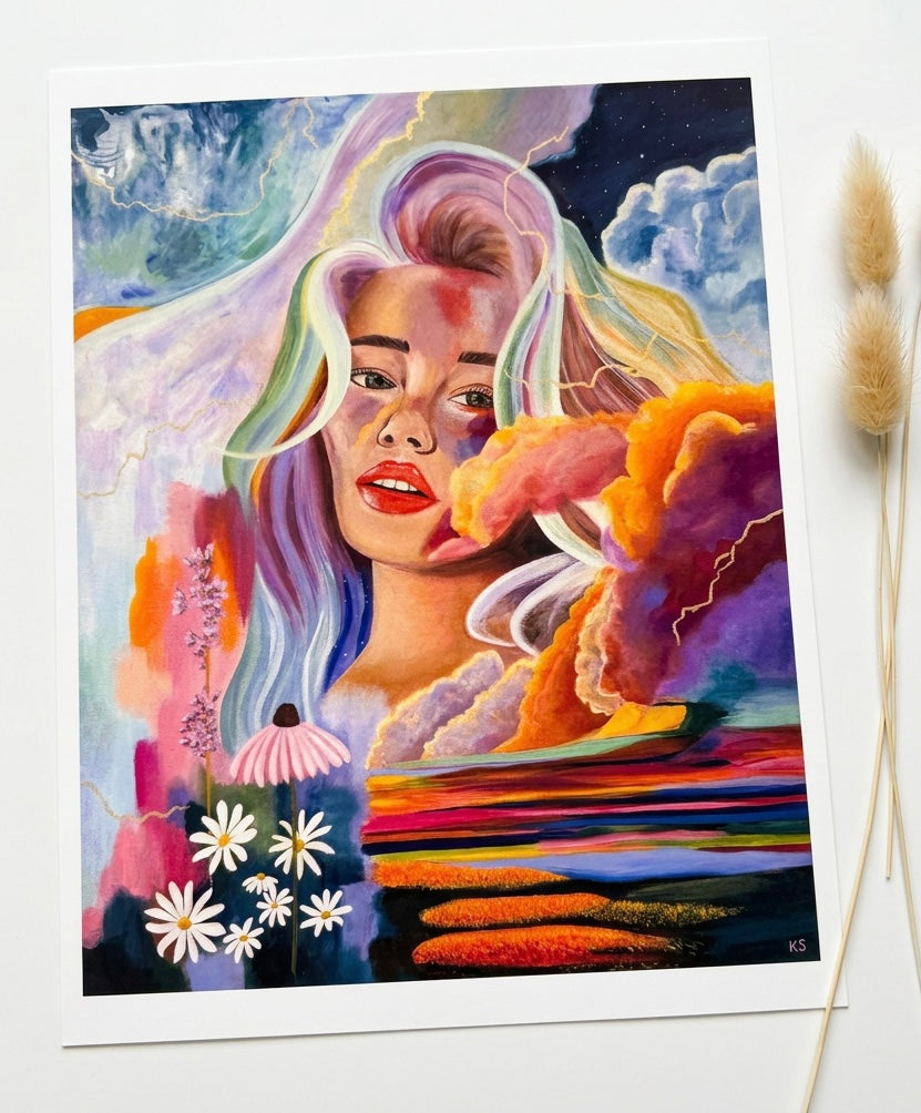 A print of a woman with a brightly coloured Lanscape and lightening and flowers