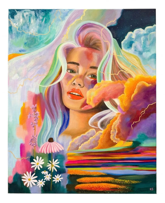 A painting of a woman surrounded by a vibrant sky, landscape and flowers
