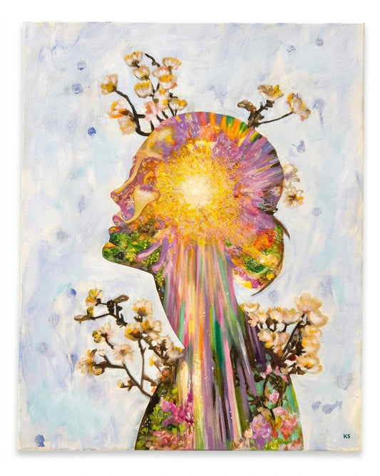 A painting of a silhouette of a woman filled with colourful bursts of light with blossom branches extending from her. 