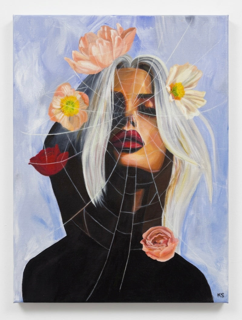 A painting of a portrait of a woman with a spiderweb covered by flowers. 