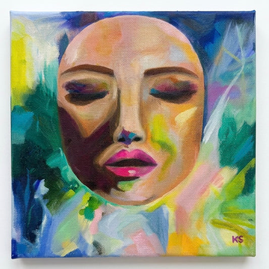 A painting of a portrait in a space themed background