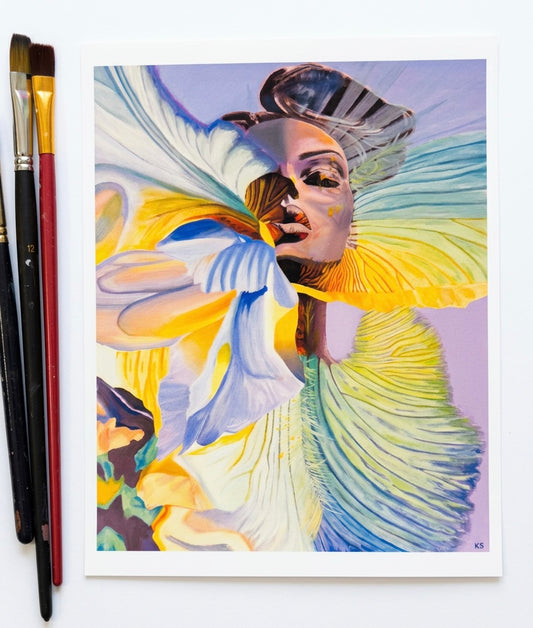 A print of a woman merged with a flower