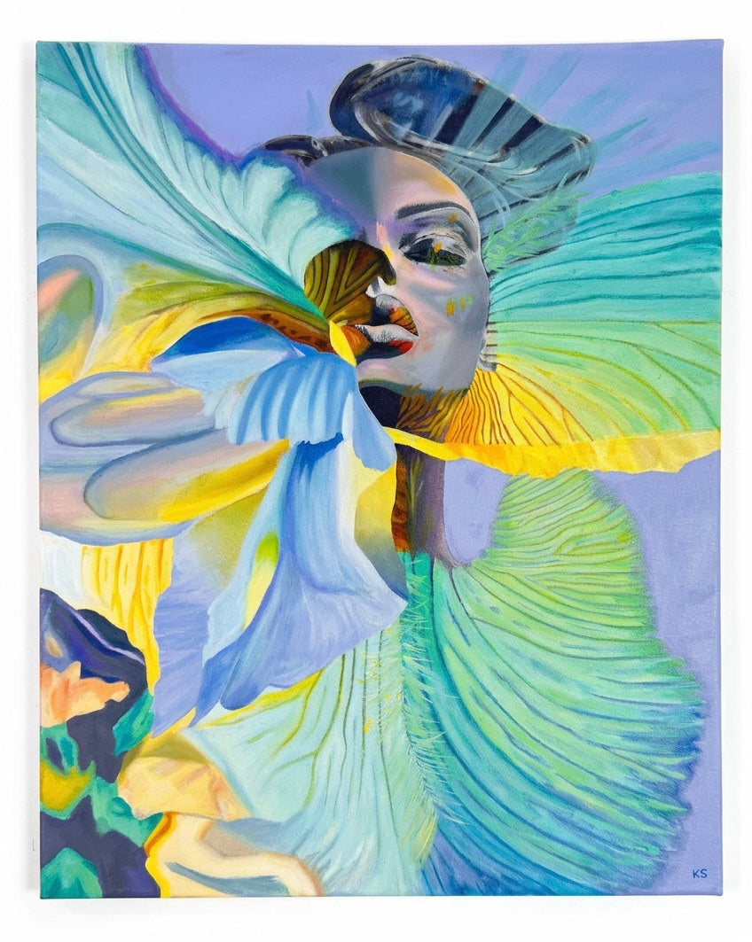 A painting of a woman absorbed by a flower