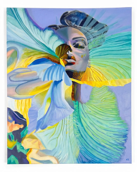 A painting of a woman absorbed by a flower