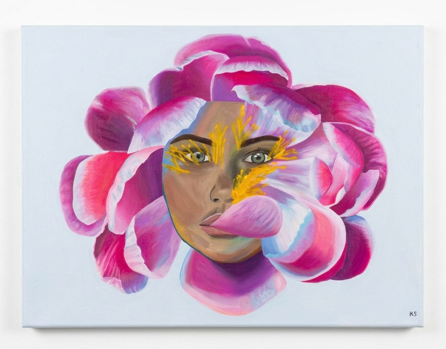 A painting of a woman’s face merged with a magenta pink flower against a pale blue background