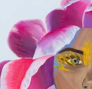 A close up of a painting of portrait of a woman’s face merged with a flower