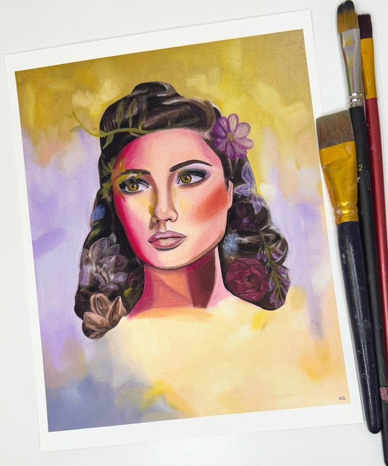 A print featuring a portrait of a woman green and purple