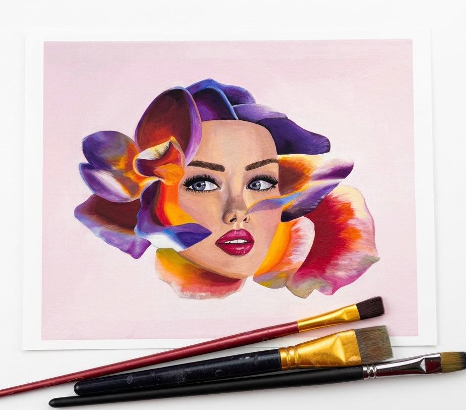 A print of a woman’s face merged with a multicoloured flower against a pale pink background