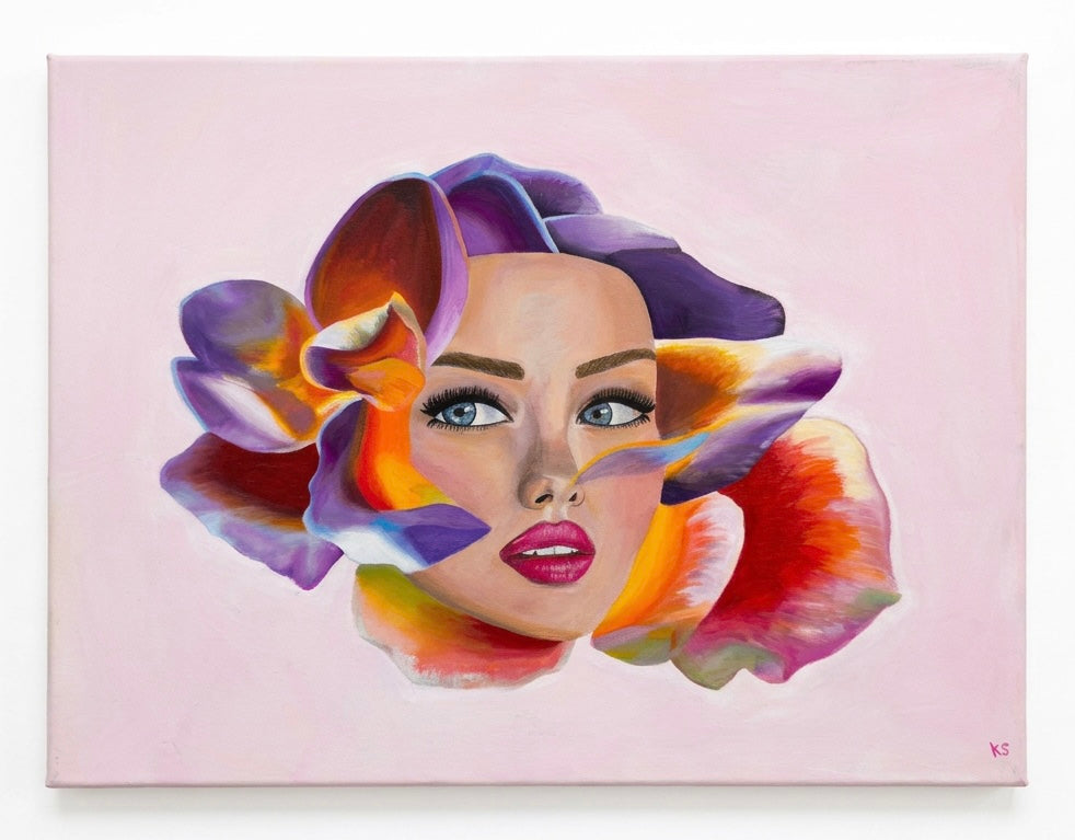 A painting of a portrait - woman’s face merged with a multicoloured flower against a light pink background