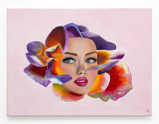 A painting of a portrait - woman’s face merged with a multicoloured flower against a light pink background