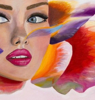A close up of a woman’s face merged with a multicoloured flower against a light pink background
