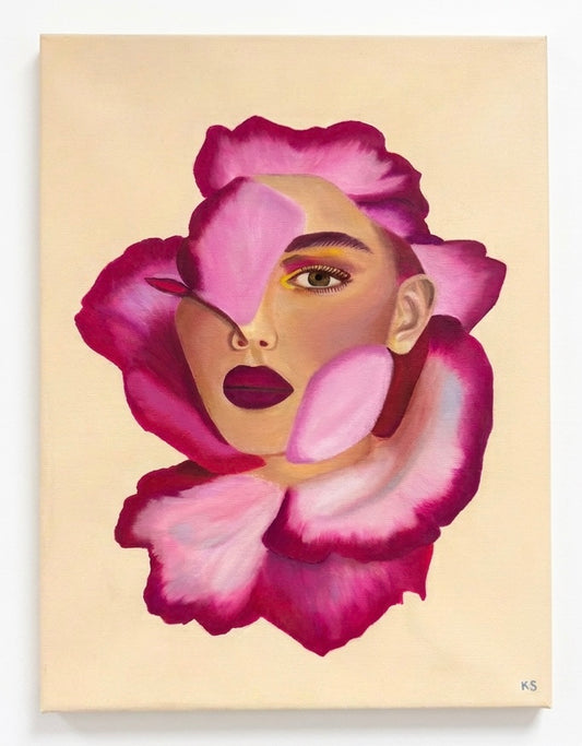 A painting of a woman’s face merged with a magenta flower against a creamy yellow background.