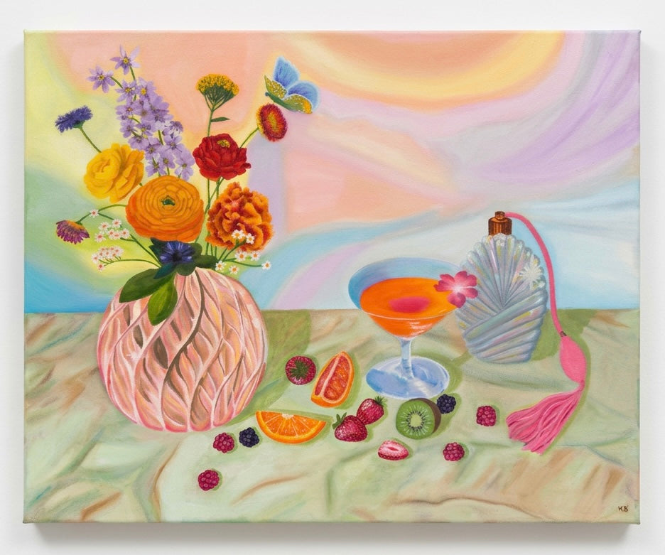 A painting of a still life featuring a vase of flowers, a martini, a perfume bottle fruit and a butterfly