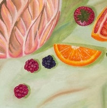 An up close of a painting of fruit against a sage green background